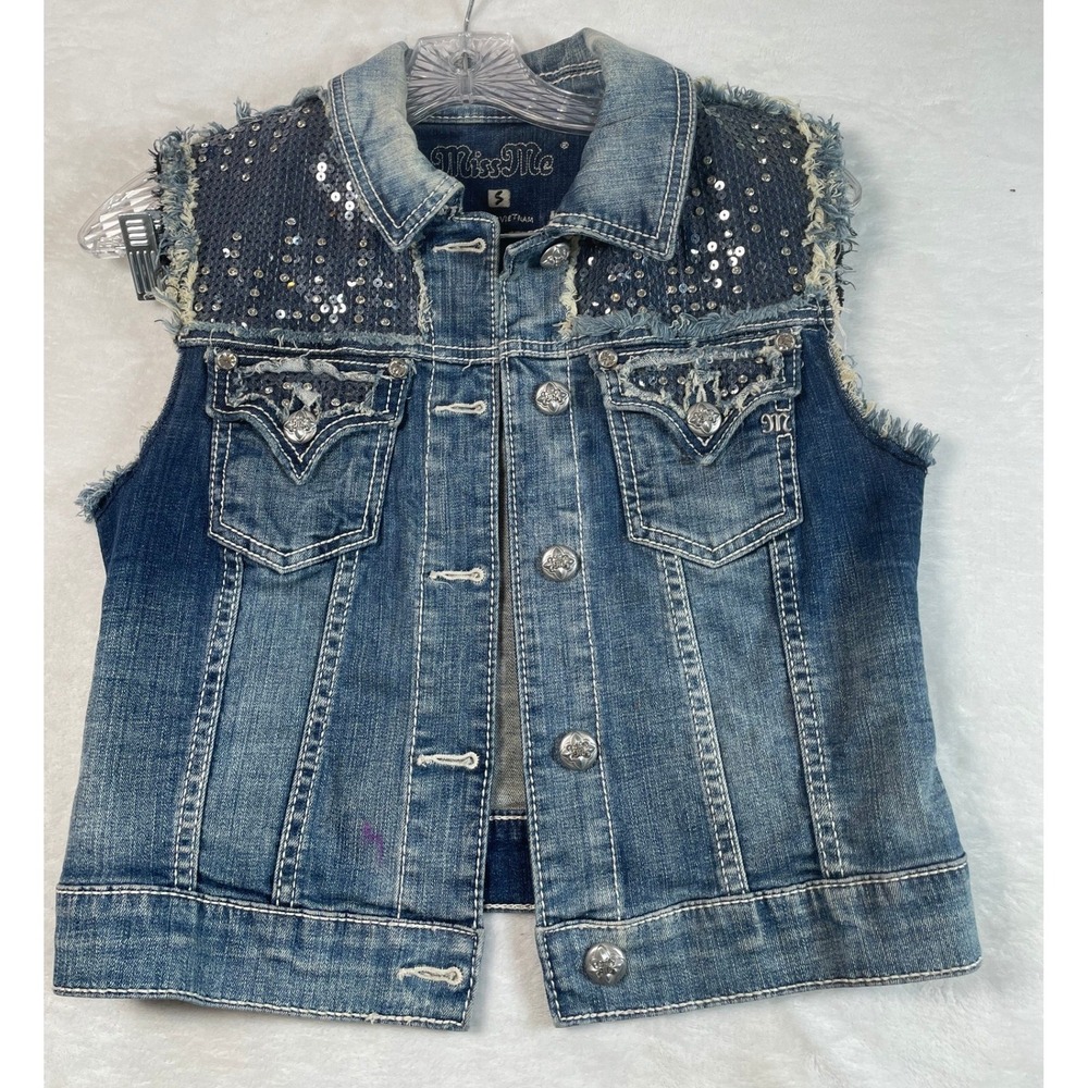 Miss Me Womens Blue Denim Sequin Vest Medium Wash Distressed Western Size S